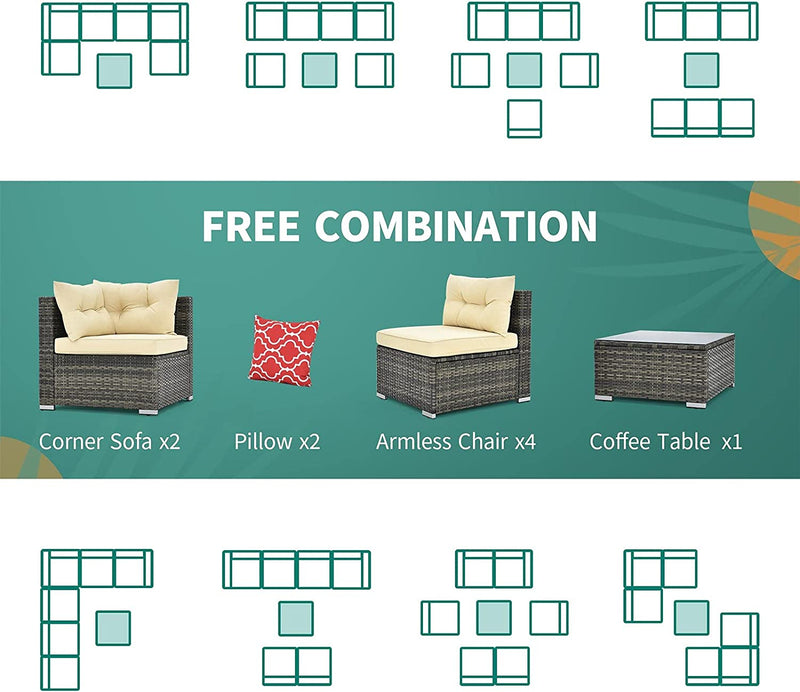 7 Pieces Patio Furniture Set - All-Weather Rattan Patio Conversation Set (Beige)