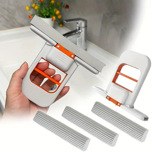 Powerful Squeeze Folding Mini Mop | Portable Handheld Sponge Mop with Replaceable Heads