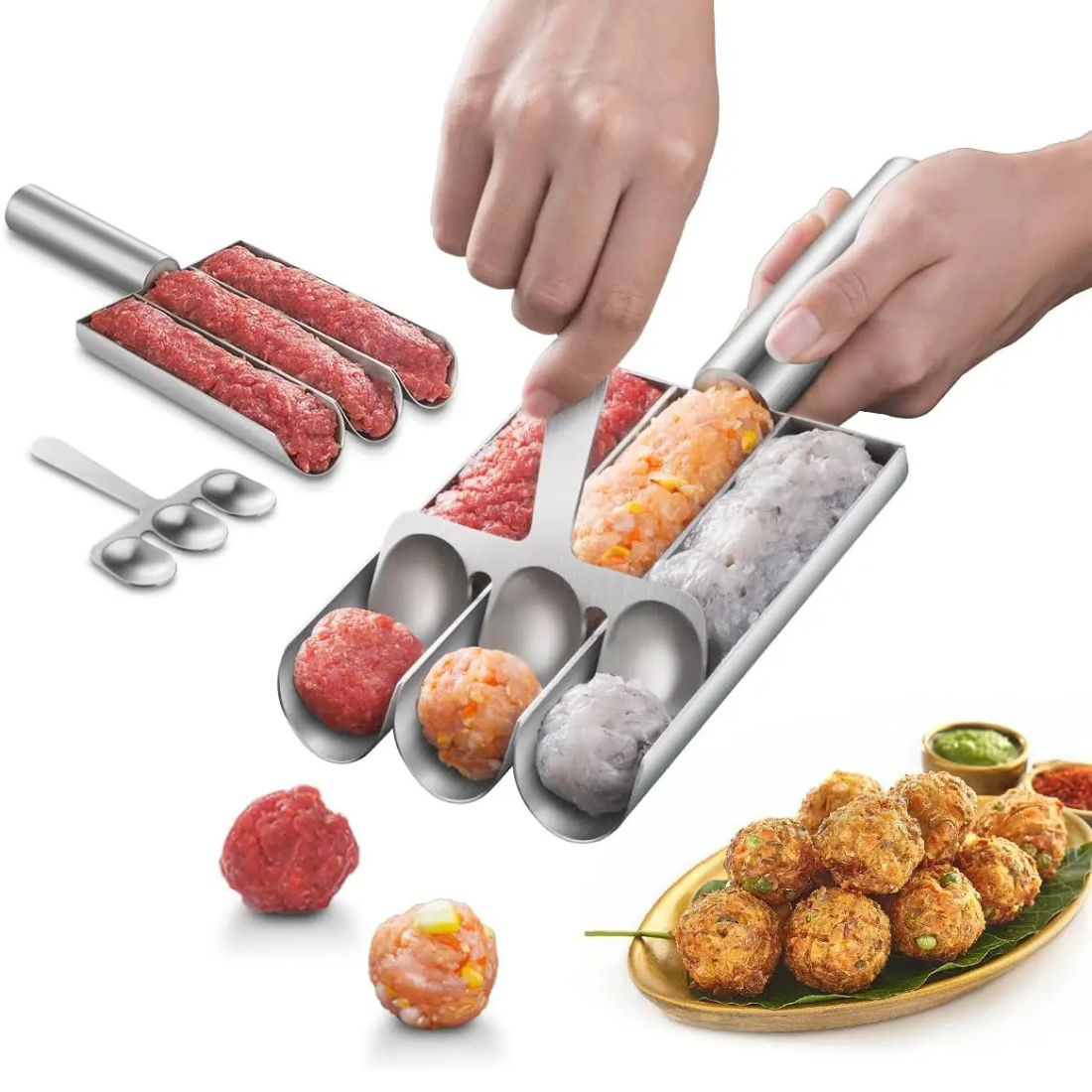 Triple Meatball Maker | Stainless Steel 3-in-1 Meatball Scoop with Cutting Spade
