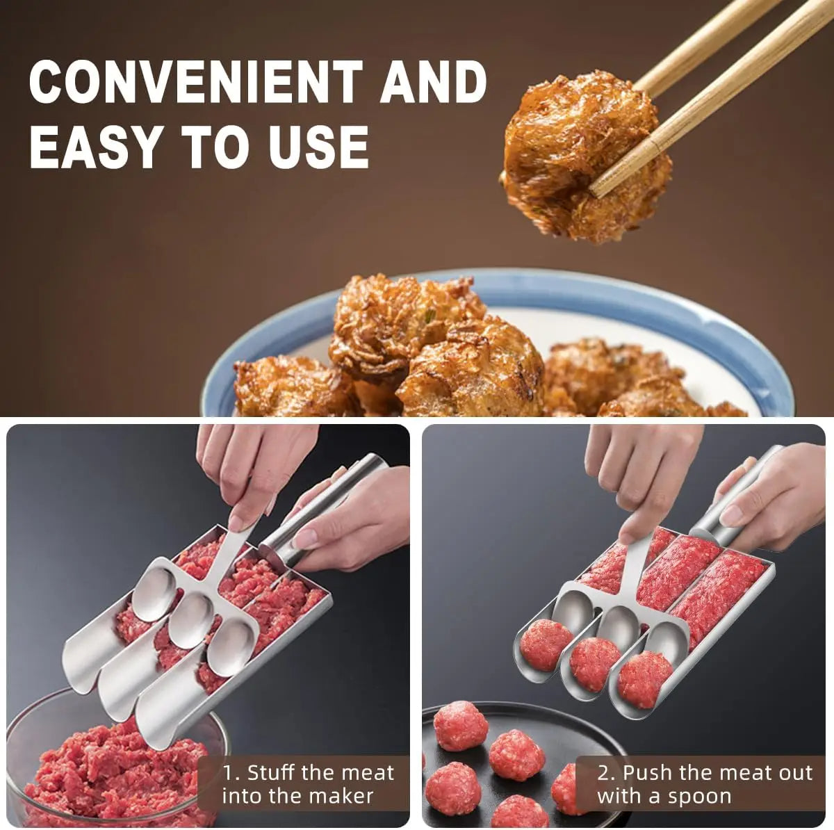 Triple Meatball Maker | Stainless Steel 3-in-1 Meatball Scoop with Cutting Spade