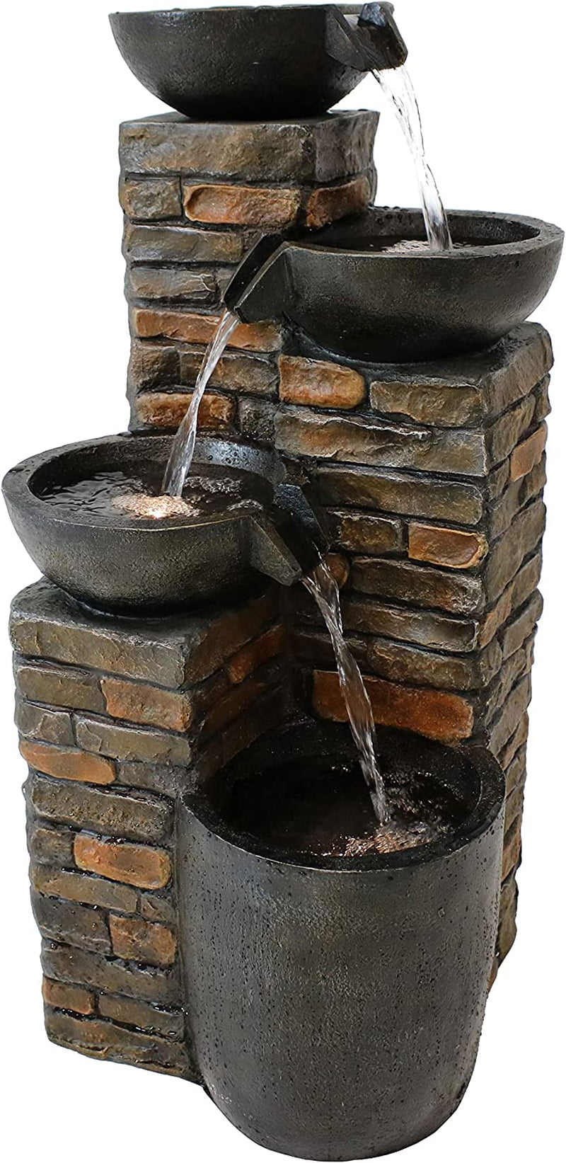 Outdoor Water Fountain - Staggered Pottery Bowls - LED Lights (34-Inch Tall)