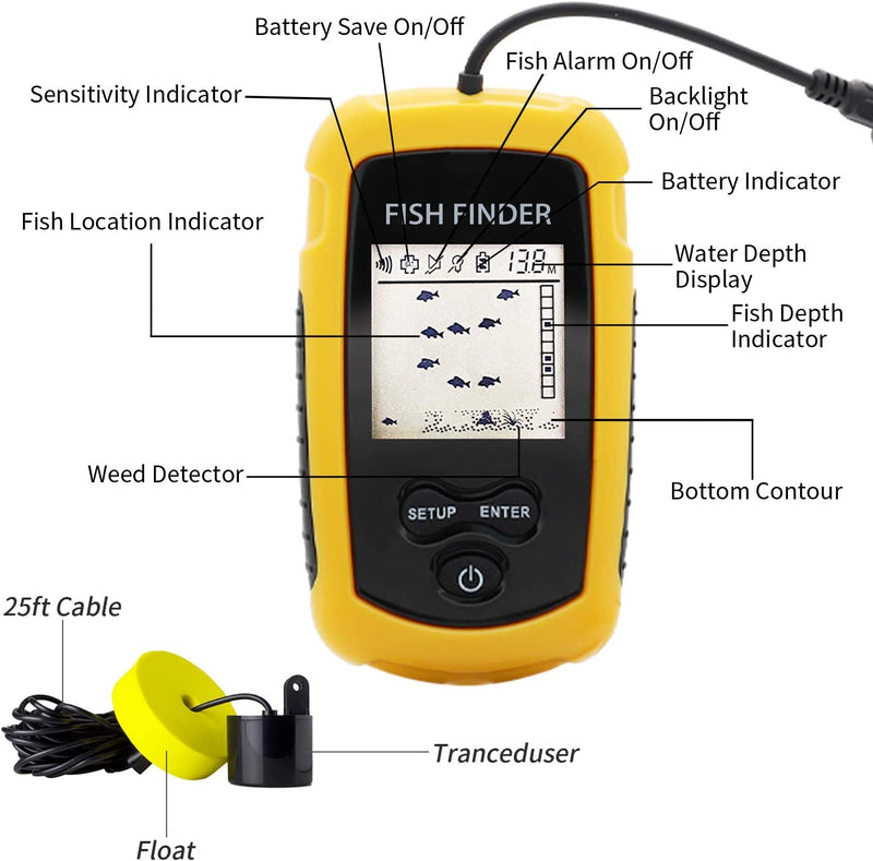 Portable Fish Finder, Water Handheld Fish Detector Device Ice Kayak Fishfinder Shore Boat Fishing Depth Finders with Sonar Sensor Transducer and LCD Display Wired Gear Fish Depth Finder