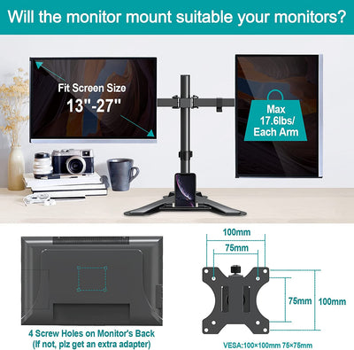 Dual Monitor Stand -  Mount Fits 2 Screens 