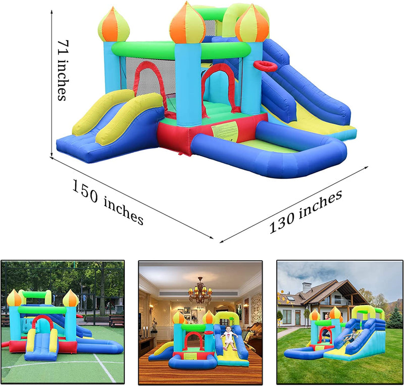 Inflatable Bounce House with Blower, Jumping Bouncy Castle for Kids Outdoor, Indoor Bouncing House with 2 Slide,Climbing Wall,Fun Pool,Basketball Hoop