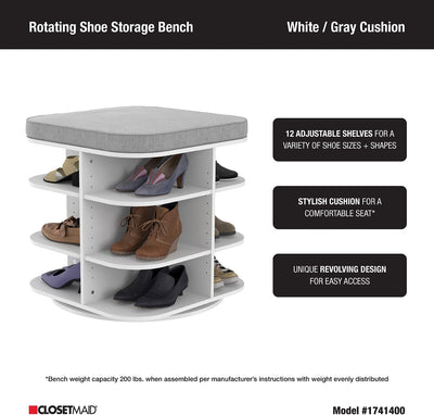 White Rotating Shoe Storage Bench Ottoman, with Gray Cushion