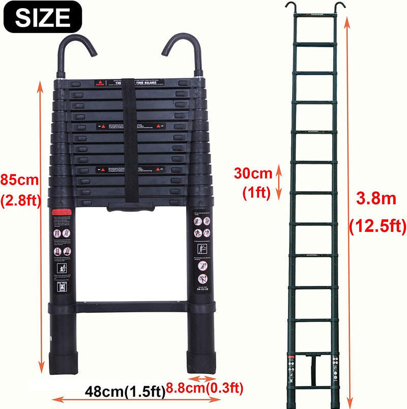 Black Telescopic Ladder with Detachable Hook (Aluminium Attic Ladder) 3.8M/12.5FT 
