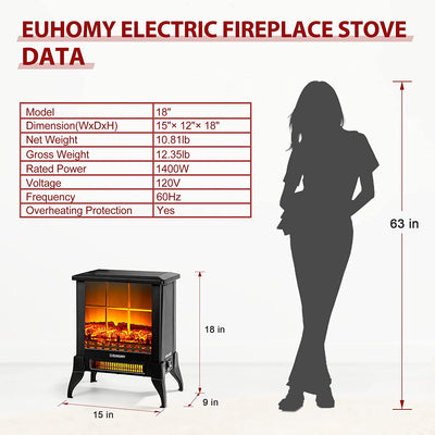 Electric Fireplace Stove 18" - Fireplace Heater with Realistic Log Flame Effect (1400W)