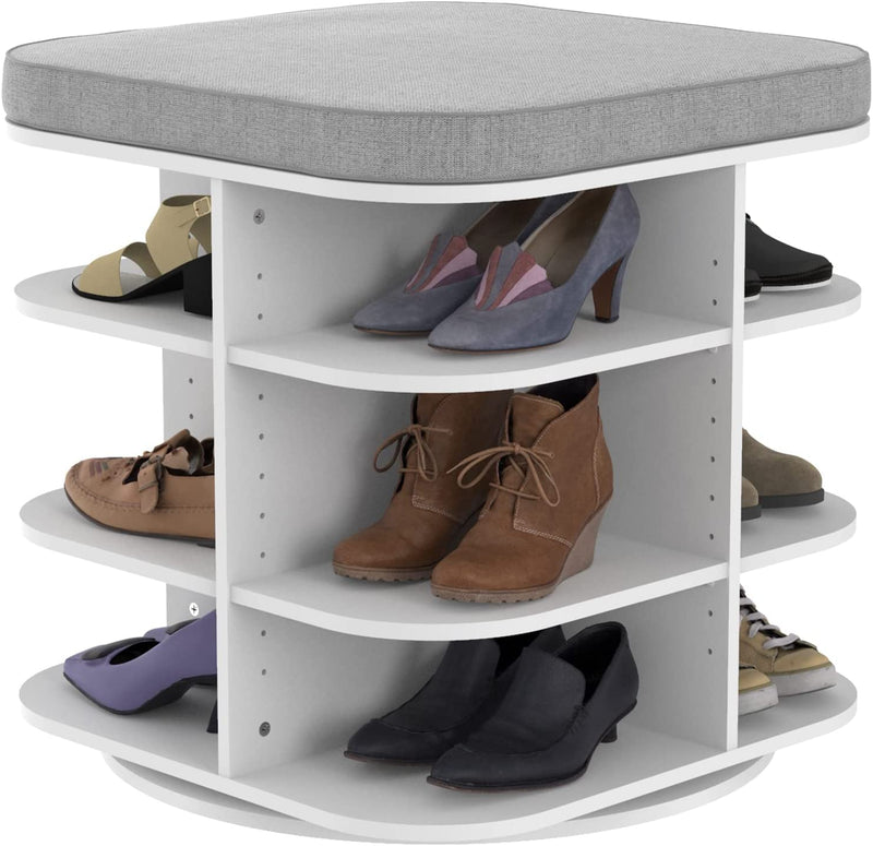 White Rotating Shoe Storage Bench Ottoman, with Gray Cushion