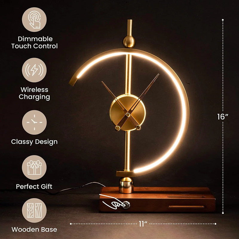 Desk Clock Lamp with Wireless Charger Wood Base