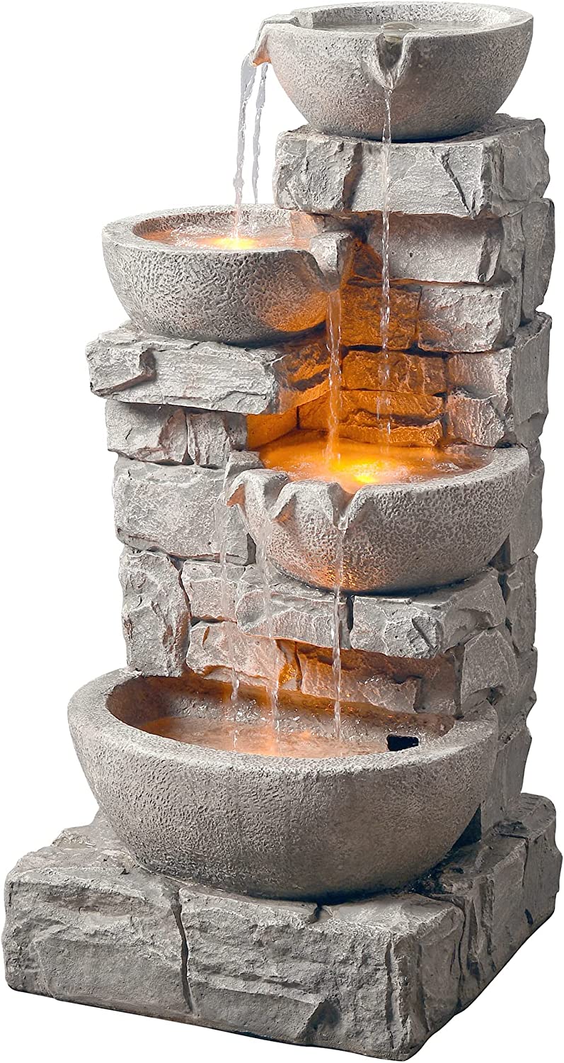 Teamson Home Water 4 Tiered Bowls Floor Stacked Stone Waterfall Fountain with LED Lights and Pump for Outdoor Patio Garden Backyard Decking Décor, 33 Inch Tall, Gray