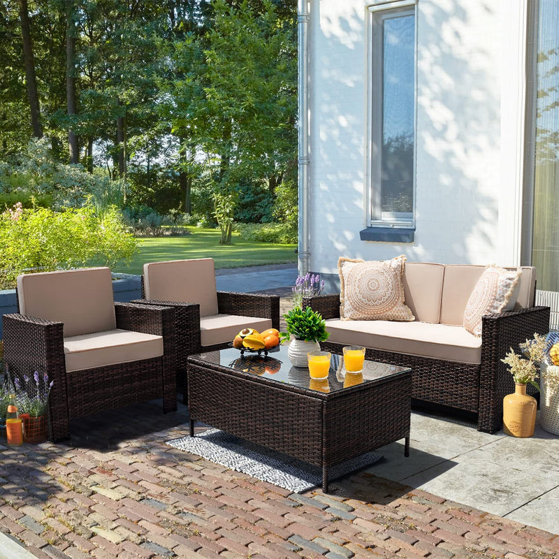 4 Pieces Outdoor Patio Furniture Sets Rattan Chair Wicker Conversation Sofa Set (Beige)
