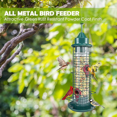 Green Caged Tube Bird Feeder Hanging Premium Squirrel Proof Wild Bird Feeder All Metal Cage Polycarbonate Feed Tube with 4 Feeding Ports for Outdoor Small Bird Wild Shelter