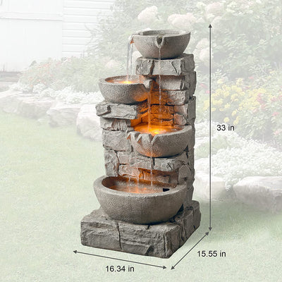 Teamson Home Water 4 Tiered Bowls Floor Stacked Stone Waterfall Fountain with LED Lights and Pump for Outdoor Patio Garden Backyard Decking Décor, 33 Inch Tall, Gray