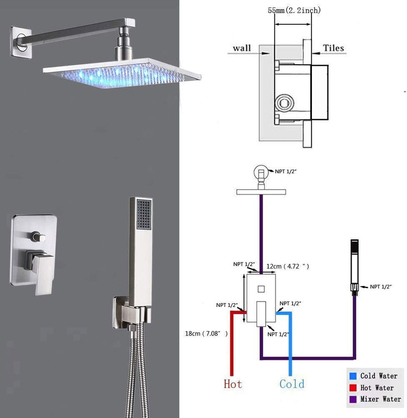 Rozin Wall Mounted Rainfall Shower Fixtures Shower Faucet Set (Brushed Nickel)