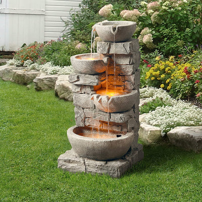 Teamson Home Water 4 Tiered Bowls Floor Stacked Stone Waterfall Fountain with LED Lights and Pump for Outdoor Patio Garden Backyard Decking Décor, 33 Inch Tall, Gray