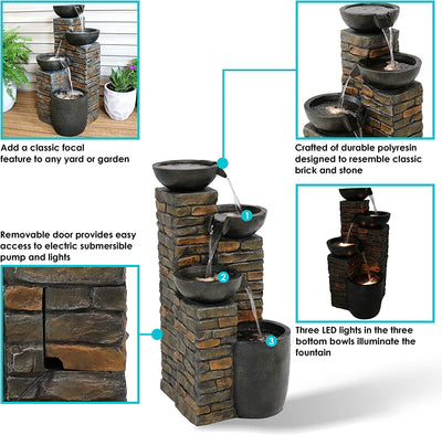 Outdoor Water Fountain - Staggered Pottery Bowls - LED Lights (34-Inch Tall)