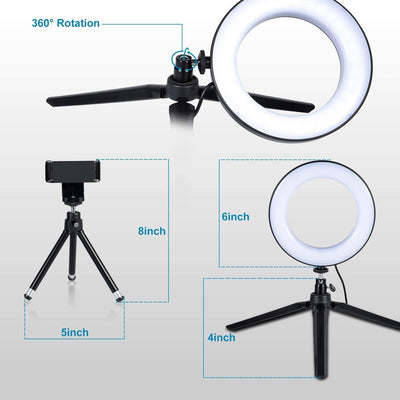 LED Ring Light 6" with Tripod Stand for Youtube Video and Makeup