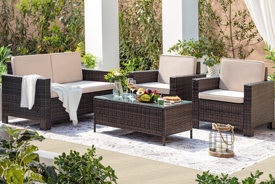 4 Pieces Outdoor Patio Furniture Sets Rattan Chair Wicker Conversation Sofa Set (Beige)