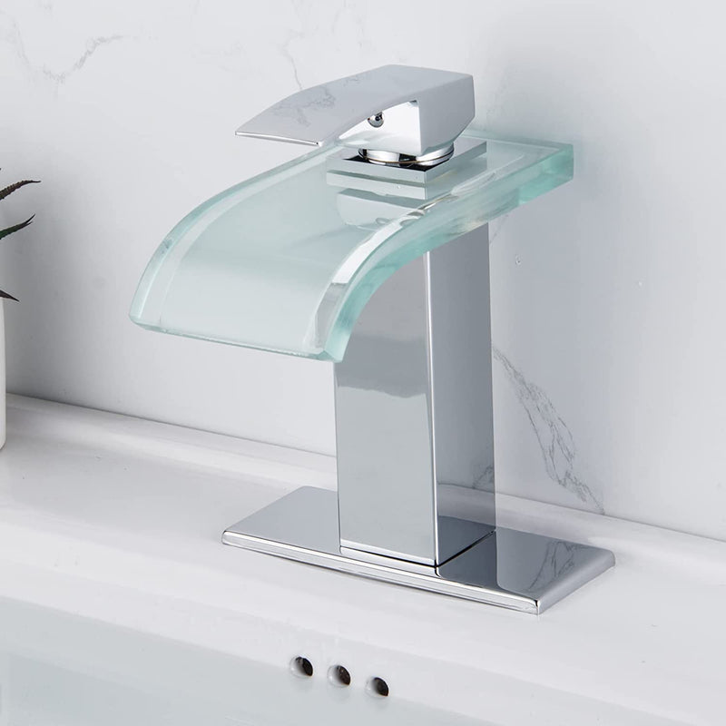 LED Bathroom Sink Faucet with Glass Waterfall Spout (Chrome)