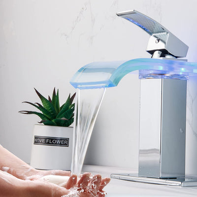 LED Bathroom Sink Faucet with Glass Waterfall Spout (Chrome)