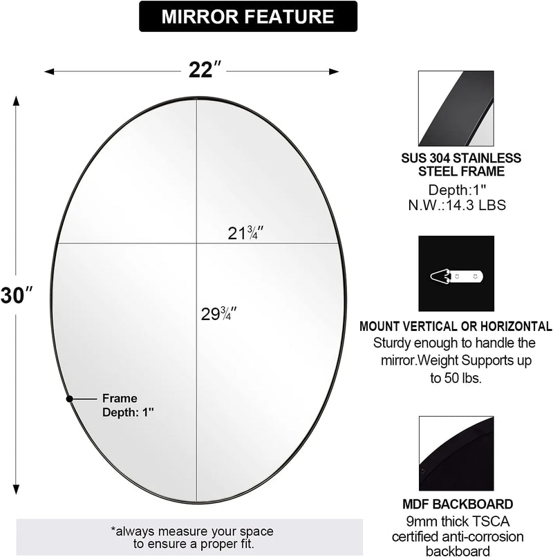 Black Oval Mirror, 22X30 Oval Black Bathroom Mirror