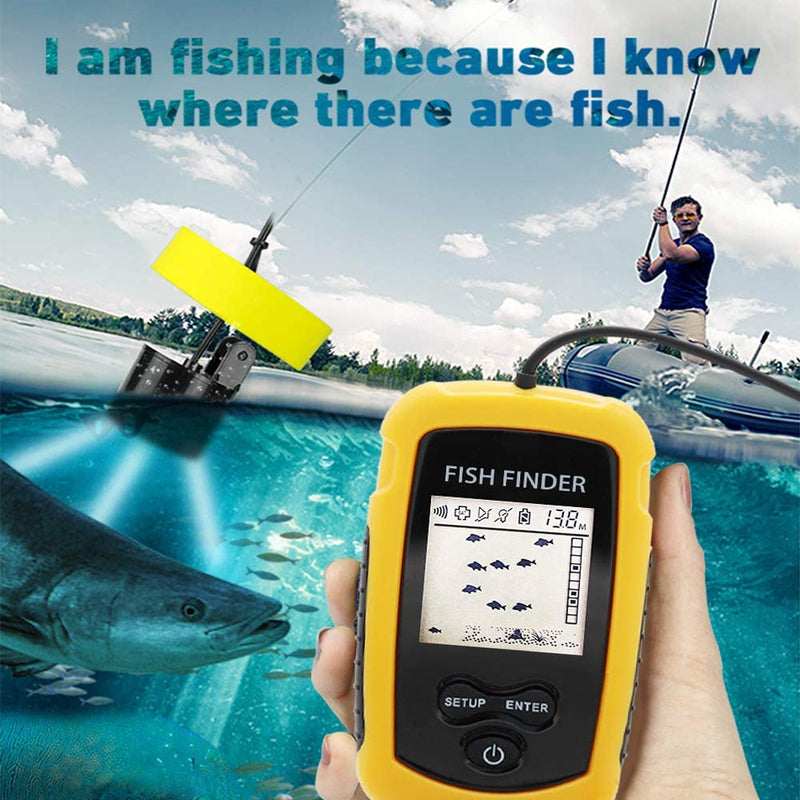 Portable Fish Finder, Water Handheld Fish Detector Device Ice Kayak Fishfinder Shore Boat Fishing Depth Finders with Sonar Sensor Transducer and LCD Display Wired Gear Fish Depth Finder