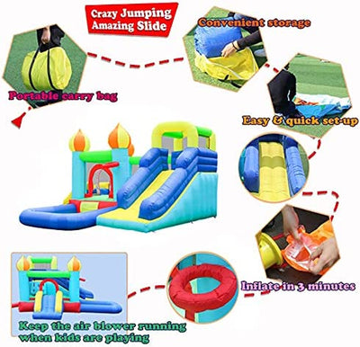 Inflatable Bounce House with Blower, Jumping Bouncy Castle for Kids Outdoor, Indoor Bouncing House with 2 Slide,Climbing Wall,Fun Pool,Basketball Hoop